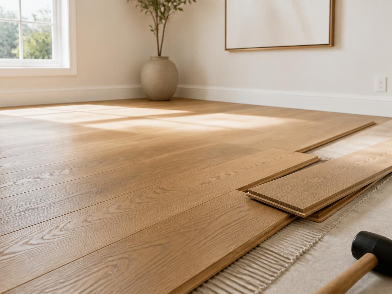 Newly installed wood-look flooring in a bright living room