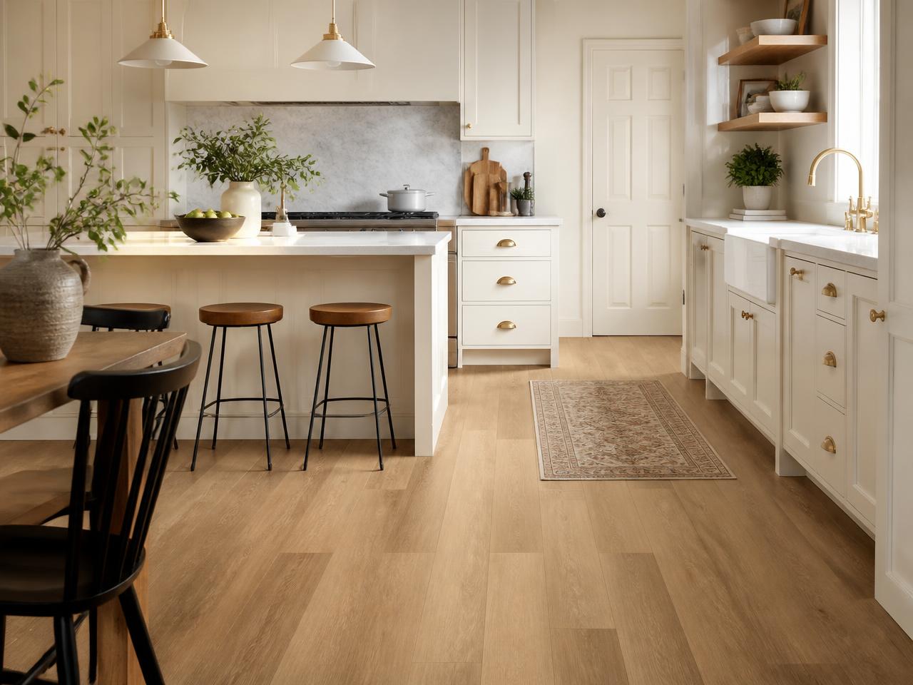 Wood-look luxury vinyl plank flooring installed in a kitchen